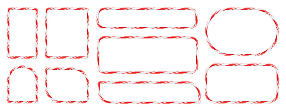 Festive red and white peppermint candy striped vector frames and borders pack