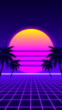 Retro futuristic outrun background with neon sun grid lines and geometric shapes