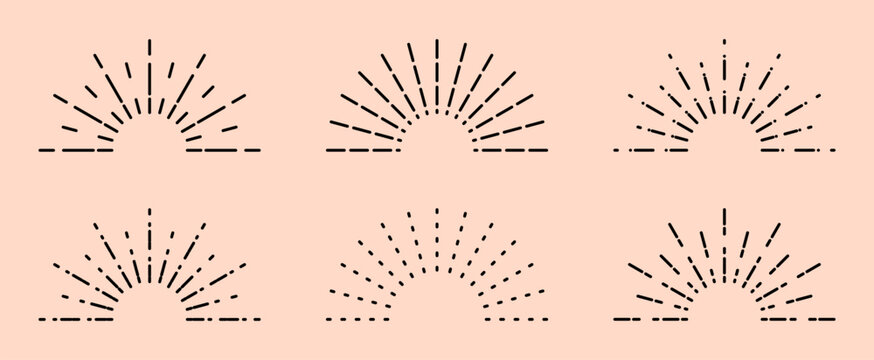 Set of boho half sunrise line icons with various retro, geometric, and radiating line designs