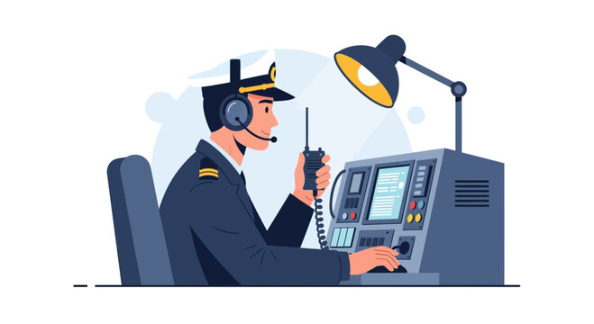 Naval communication officer operating sophisticated control console with radio