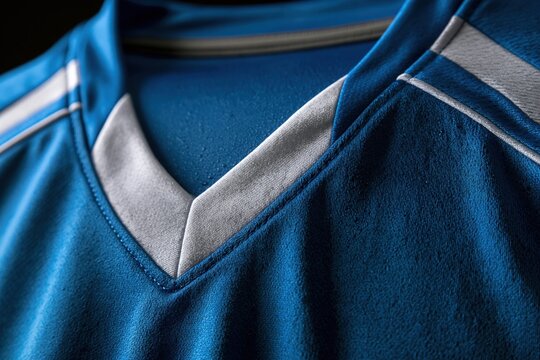 Blue football soccer jersey V-neck detail