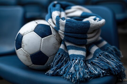 Soccer ball and fan scarf celebrating championship victory