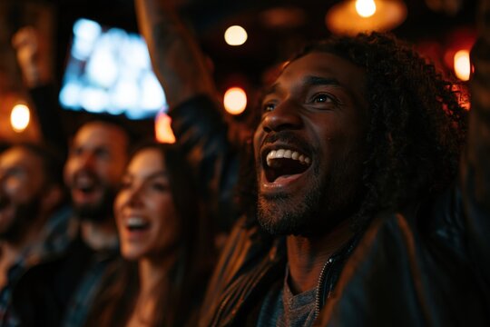Excited soccer fans cheering for victory in bar