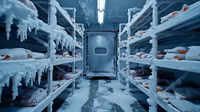 Industrial cold storage warehouse filled with frozen food products on metal shelves. Heavy frost and ice crystals cover the racking in a sub-zero environment. Ideal for food logistics marketing.