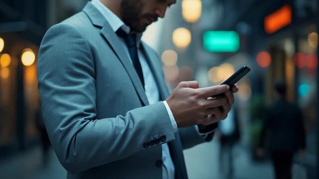 Confident businessman in a stylish suit using a smartphone outdoors in a modern city environment. Concept of connectivity, communication, and urban professional lifestyle.