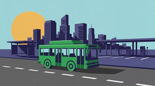 Green electric public transit bus at smart city charging station terminal