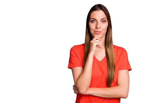 Photo of pretty funny lady looking cunning cruelly having crazy tricky idea want to fool boyfriend as revenge wear casual orange t-shirt isolated grey color background