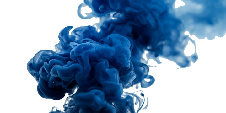 Abstract blue ink cloud with flowing smoke texture swirling in water on transparent background, creating a dynamic liquid pigment explosion with elegant fluid motion and artistic abstract form.