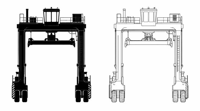 Straddle Carrier Silhouette and Line Drawing for Port Logistics
