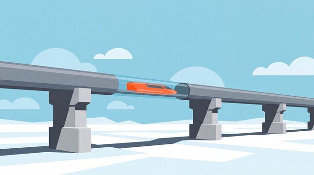 High speed magnetic levitation hyperloop train inside elevated transparent tube in winter landscape