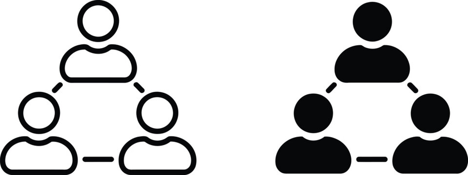 Organizational chart icon set with solid black and outline team hierarchy pyramid with people network connection symbol collection