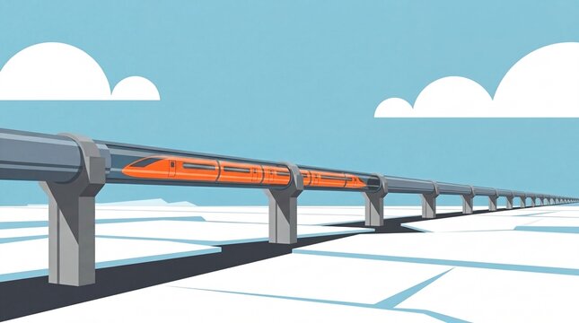 High speed hyperloop train in vacuum tube crossing frozen winter landscape