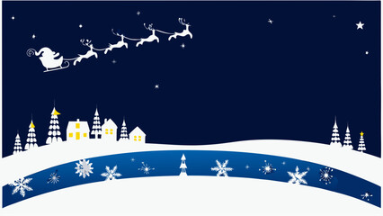 Santa claus and reindeer sleigh illustration with winter village scene © Uttam