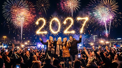 Obraz premium Excited crowd celebrating with sparkler numbers 2027 under magnificent night sky fireworks display for festive holiday event.