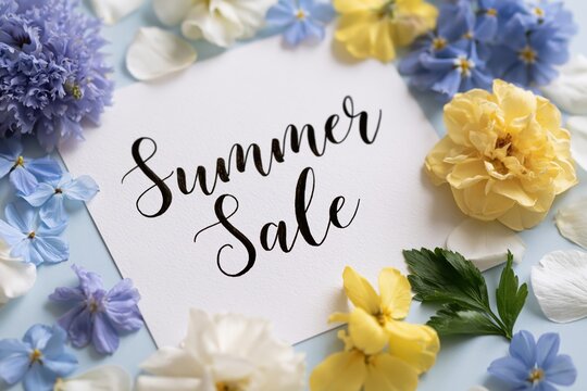 Summer Sale calligraphic text surrounded by colorful floral elements