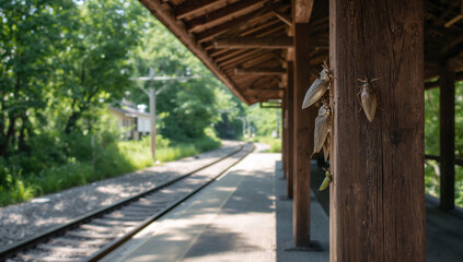 Fototapeta premium 夏の木漏れ日と蝉の声が聞こえてきそうな田舎の木造無人駅