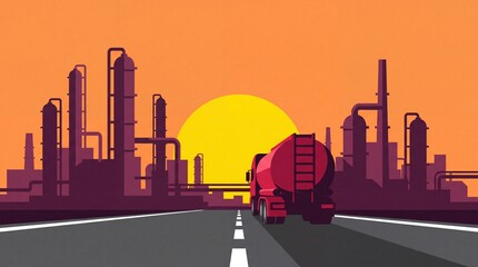 Obraz premium Red fuel tanker truck driving on highway towards industrial oil refinery