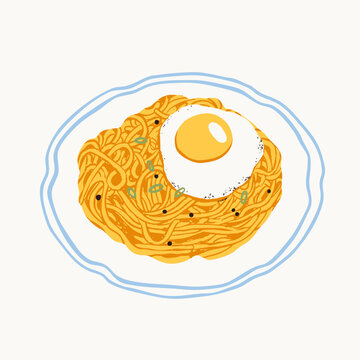 Spaghetti with black pepper and fried egg on white plate. Healthy pasta meal, fresh ingredients. Hand drawn trendy Vector illustration. Isolated design element. Cafe, restaurant menu concept