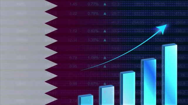 Qatar economy growth concept background.Qatar stock exchange.Qatar flag with stock market graph and bar