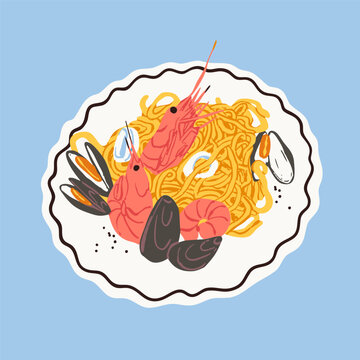 Spaghetti with seafood, shrimp, mussels on white plate. Healthy pasta meal, fresh ingredients. Hand drawn trendy Vector illustration. Isolated design element. Cafe, restaurant menu concept
