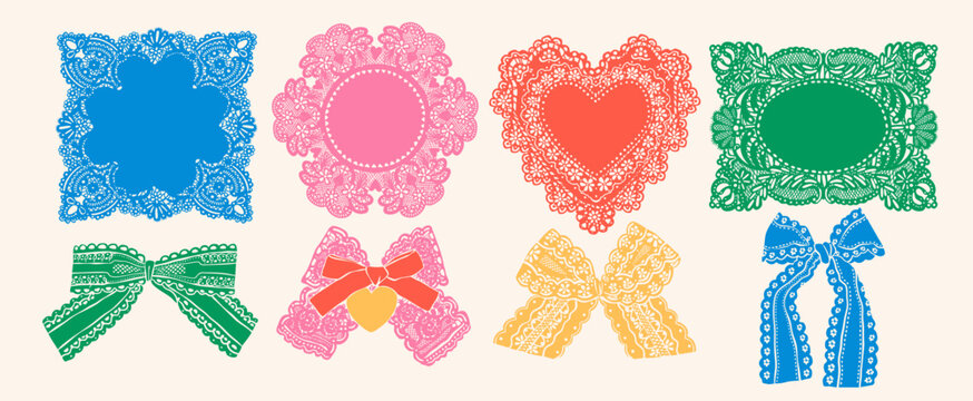 Elegant lace ribbon bows, frames, napkins. Various shapes, ornaments. Hand drawn Vector illustration. Wedding invitation, greeting card, fashion, decoration concept. Isolated design elements