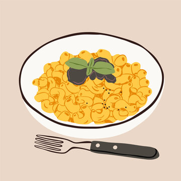 Macaroni with truffle pasta, basil on top. White bowl, fork. Healthy pasta meal, fresh ingredients. Hand drawn trendy Vector illustration. Isolated design element. Cafe, restaurant menu concept