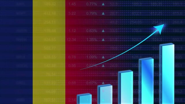Romania economy growth concept background.Romanian stock exchange.Romania flag with stock market graph and bar