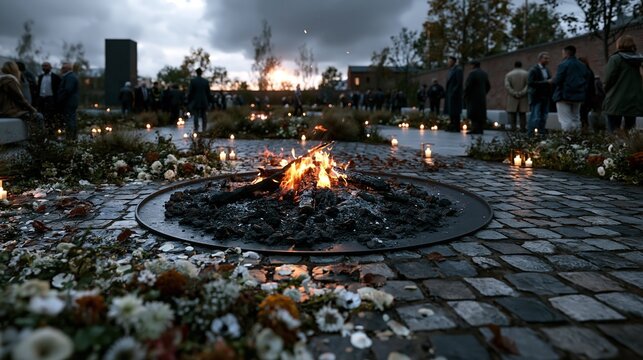 Communal gathering around a campfire with candles and flowers