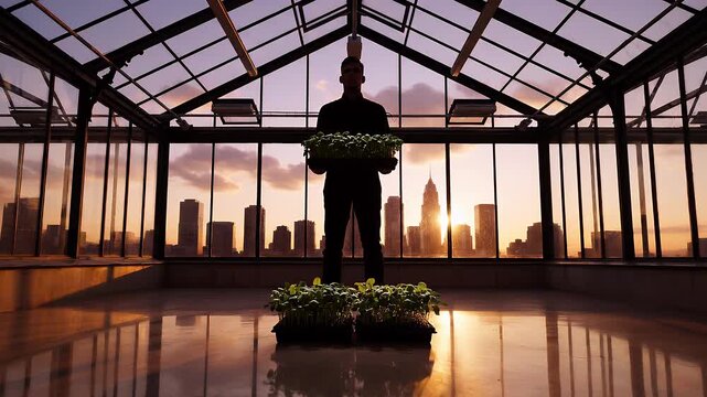 Urban farming, man and greenhouse in city at sunset for sustainability, food security and agriculture. Rooftop garden, plants and silhouette with skyline, environment and organic growth technology