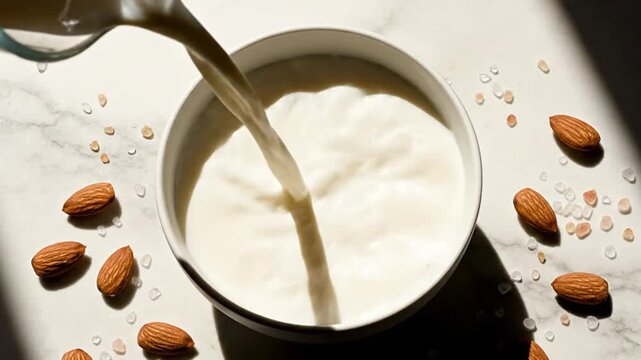 Pouring Almond Milk into Bowl with Almonds and Crystals - Healthy Breakfast Ingredient