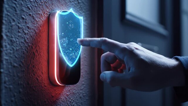 Smart home security, doorbell and camera with shield icon for protection, safety and surveillance. Hand, finger and button at night for access, privacy and residential entrance for house defense