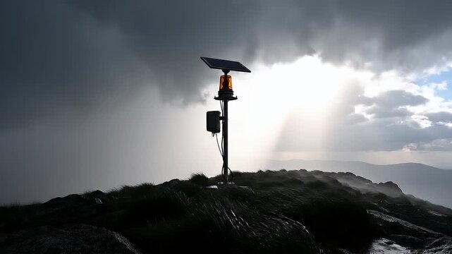 Solar weather station, mountain and beacon for remote monitoring, climate data and environmental research. Technology, renewable energy and solar panel on peak with storm clouds, sun rays and hill