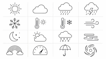 Naklejka premium Collection of simple line icons representing various weather conditions and phenomena.