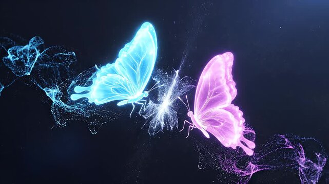 Glowing butterfly animation and neon insects in dark space with particle trails. Magic, light and fantasy wings for motion graphics, visual effects and digital art with luminous paths and elegance