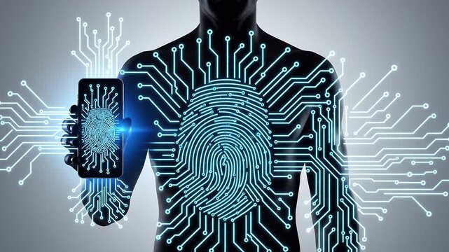 Biometric fingerprint, security and smartphone for digital identity, authentication and cyber protection. Technology, futuristic and scan with data privacy, mobile access and network safety for users
