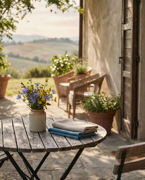Rustic Tuscan Terrace: Stone Patio with Wooden Table, Wicker Chairs & Wildflower Bouquet