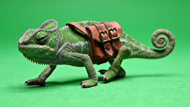 Chameleon, green lizard and reptile wearing backpack for adventure, travel and exploration. Animal, pet and journey with saddle, wild life and nature on screen for fantasy, creative story and treks