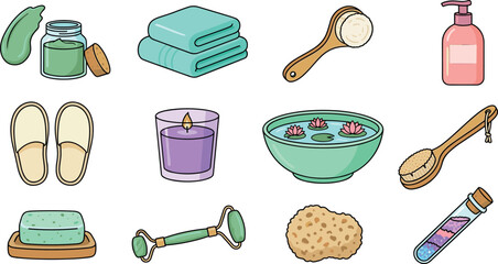Cute Hand Drawn Spa and Wellness Icon Set with Jade Roller, Scented Candle, Bath Towels, Soap, Sea Sponge, and Aromatherapy Products for Relaxation Designs © MstBabli