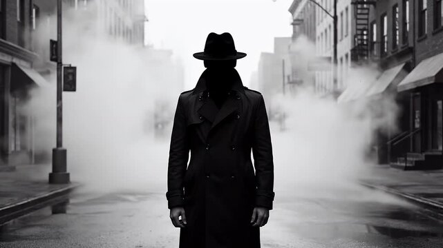 Mystery, man and detective in city with fog, cinematic noir and spy atmosphere. Silhouette, fedora and trench coat in street with smoke, moody lighting and urban suspense for movie trailer scene