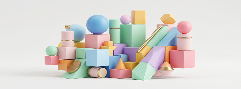 3D geometric shapes or modern minimalist pastel colors.