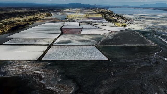 Lake Magadi kenya Sodaash Alkaline water salt lake Trona mineral deposits rift valley kenya . kenyan lake with Trona.