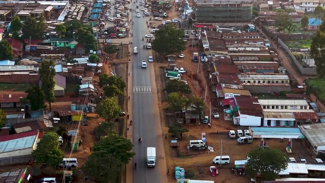 Houses of Kibera slums, roads in Soweto informal settlement nairobi kenya. Drone flying in the rural settlement of kenya slums