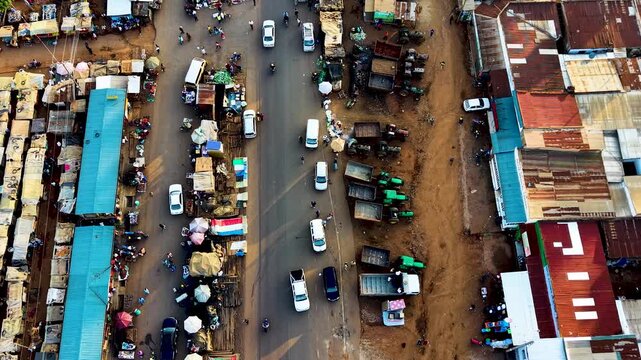 Houses of Kibera slums, roads in Soweto informal settlement nairobi kenya. Drone flying in the rural settlement of kenya slums