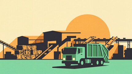 Obraz premium Green garbage recycling truck driving at waste management processing facility