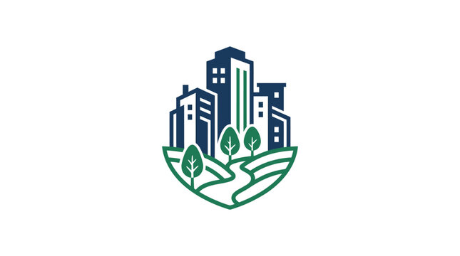 A minimalist vector logo design featuring city buildings and green trees