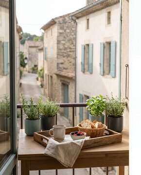 Rustic French Balcony Breakfast: Herbs, Bread, and Sunlit Village View