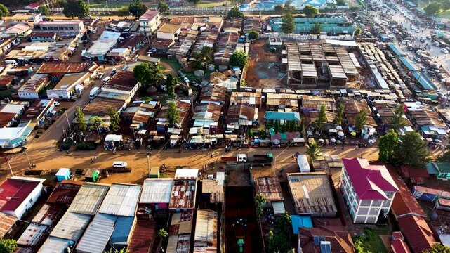 Houses of Kibera slums, roads in Soweto informal settlement nairobi kenya. Drone flying in the rural settlement of kenya slums