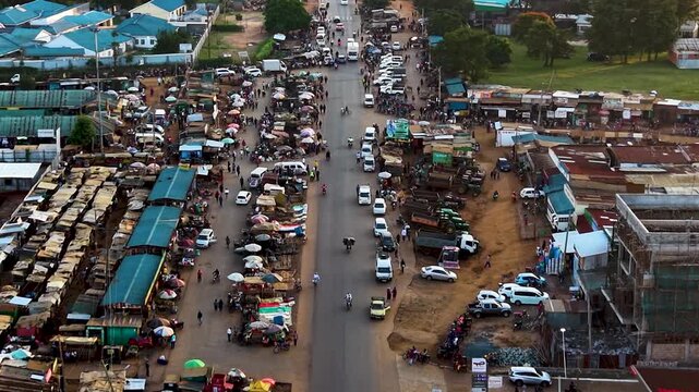 Houses of Kibera slums, roads in Soweto informal settlement nairobi kenya. Drone flying in the rural settlement of kenya slums