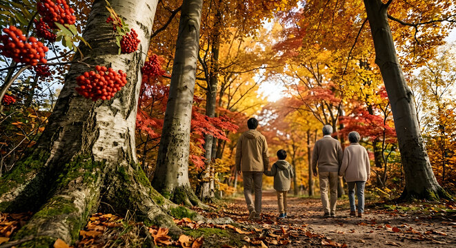 Back view of a Japanese family with a child and seniors holding hands and walking along a forest path surrounded by beautiful yellow birch and red rowan autumn foliage.