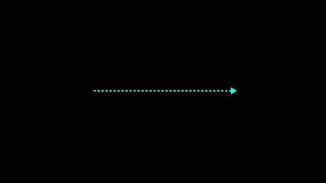 Animated of long dotted line arrow animation to indicate an object on black background. Cyan single dot arrow icon right direction animation.